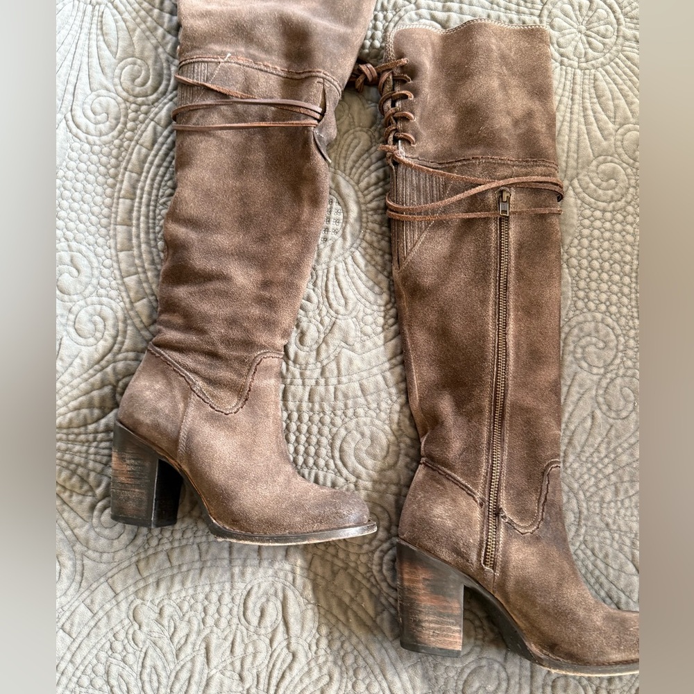 Freebird by Steven Vintage Brock suede over the knee boot. Grey/Dark Brown